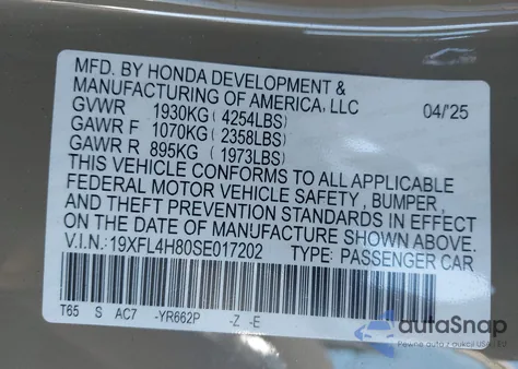 2025 Honda Civic Hybrid Sport from USA, damaged, VIN 19XFL4H80SE017202